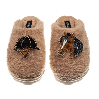 Laines London Women's Neutrals / Brown Teddy Closed Toe Slippers With Horse & Riding Hat Brooches - Toffee