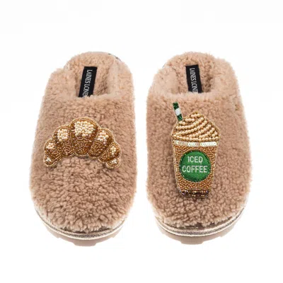 Laines London Women's Brown / Neutrals Teddy Closed Toe Slippers With Iced Coffee & Croissant Brooches - Toffee