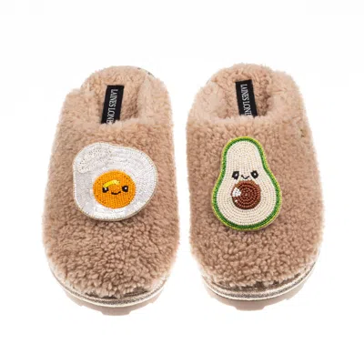 Laines London Women's Brown / Neutrals Teddy Closed Toe Slippers With Laines Lovables Egg & Avocado Brooches - Tof