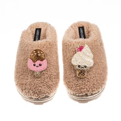 Laines London Women's Brown / Neutrals Teddy Closed Toe Slippers With Laines Lovables Ice Lolly & Ice Cream Brooch