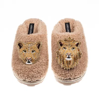 Laines London Women's Brown / Neutrals Teddy Closed Toe Slippers With Lion & Lioness Brooches - Toffee