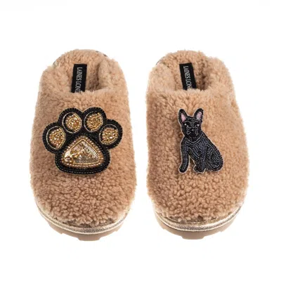 Laines London Women's Brown / Neutrals Teddy Closed Toe Slippers With Paw & Black Sitting French Bulldog Brooches  In Multi