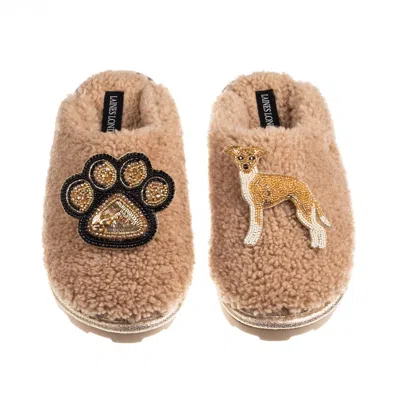 Laines London Women's Brown / Neutrals Teddy Closed Toe Slippers With Paw & Fawn & White Italian Greyhound Brooche
