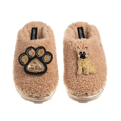 Laines London Women's Brown / Neutrals Teddy Closed Toe Slippers With Paw & Fawn Sitting French Bulldog Brooches -