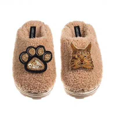 Laines London Women's Brown / Neutrals Teddy Closed Toe Slippers With Paw & Ginger Maine Coon Cat Brooches - Toffe In Multi