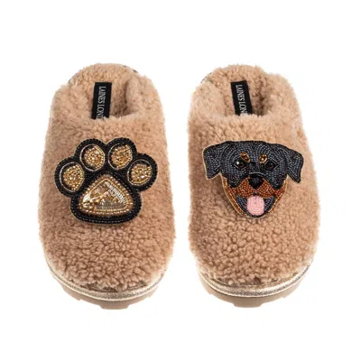Laines London Women's Brown / Neutrals Teddy Closed Toe Slippers With Paw & Rottweiler Brooches - Toffee