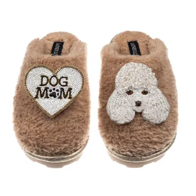 Laines London Women's Brown / Neutrals Teddy Closed Toe Slippers With Pearl The Poodle & Dog Mum / Mom Brooches -