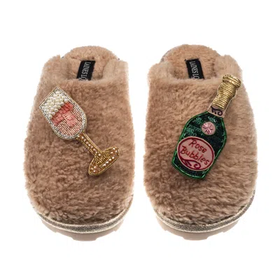 Laines London Women's Neutrals / Brown Teddy Closed Toe Slippers With Pink Champagne & Glass Brooches - Toffee