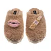 Laines London Women's Neutrals / Brown Teddy Closed Toe Slippers With Pink Lipstick & Lips Brooches - Toffee In Brown