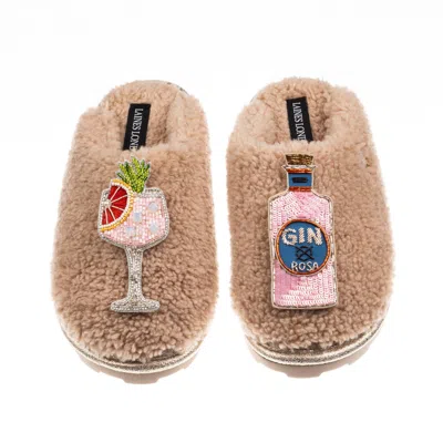 Laines London Women's Brown / Neutrals Teddy Closed Toe Slippers With Pink Rosa & Grapefruit Gin Brooches - Toffee