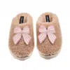 Laines London Women's Brown / Neutrals Teddy Closed Toe Slippers With Pink Stripe Bow Brooches - Toffee In Brown