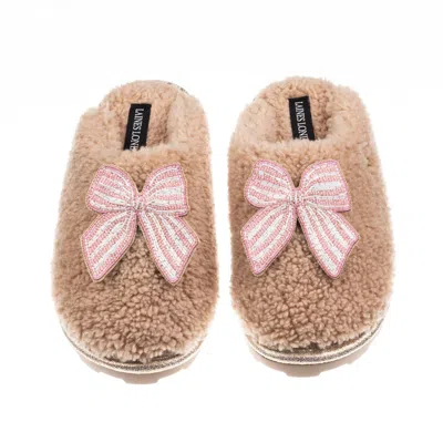 Laines London Women's Brown / Neutrals Teddy Closed Toe Slippers With Pink Stripe Bow Brooches - Toffee