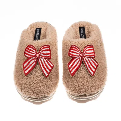 Laines London Women's Brown / Neutrals Teddy Closed Toe Slippers With Red Stripe Bow Brooches - Toffee