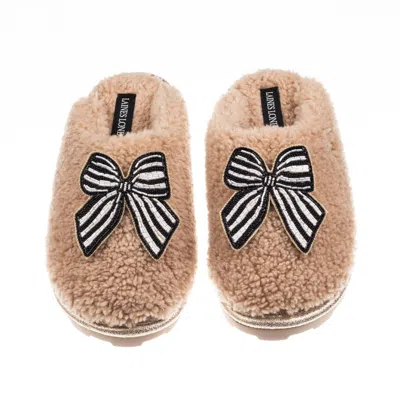 Laines London Women's Brown / Neutrals Teddy Closed Toe Slippers With Stripe Black Bow Brooches - Toffee