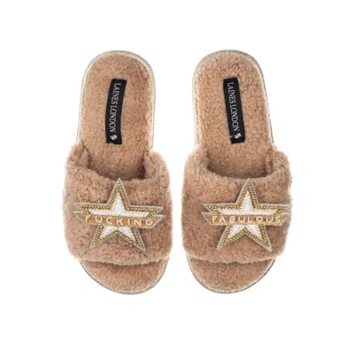 Laines London Women's Brown / Neutrals Teddy Towelling Slipper Sliders With Fucking Fabulous Brooches - Toffee