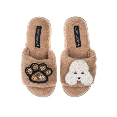 Laines London Women's Brown / Neutrals Teddy Towelling Slipper Sliders With Pearl The Poodle & Paw Brooches - Toff