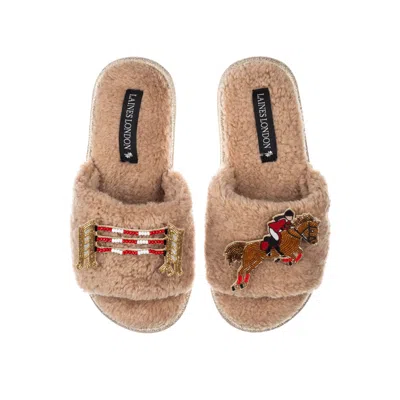 Laines London Women's Brown / Neutrals Teddy Towelling Slipper Sliders With Show Jump Horse Brooches - Toffee