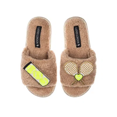 Laines London Women's Brown / Neutrals Teddy Towelling Slipper Sliders With Tennis Lover Brooches - Toffee