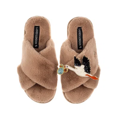 Laines London Women's Brown / Neutrals Toffee Classic Laines Slippers With Baby Boy Stork Brooch - Dark Skin