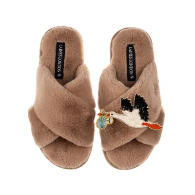 Laines London Women's Brown / Neutrals Toffee Classic Laines Slippers With Baby Boy Stork Brooch - Light Skin