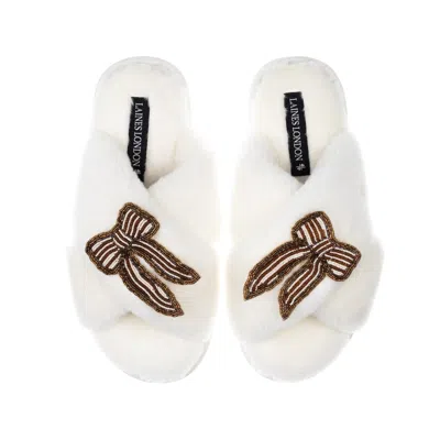 Laines London Women's Brown / Neutrals / White Classic Laines Slippers With Brown & Pearl Beaded Stripe Bow Brooch In Multi