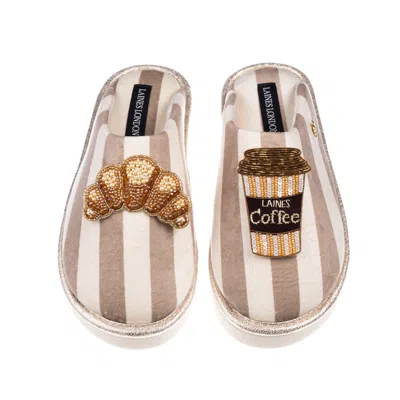 Laines London Women's Brown / Neutrals / White Flatform Stripe Closed Toe Slippers With Coffee & Croissant Brooche In Multi