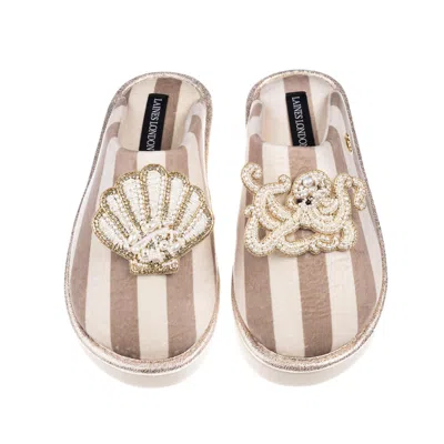 Laines London Women's Brown / Neutrals / White Flatform Stripe Closed Toe Slippers With Pearl Shell & Octopus Broo In Black