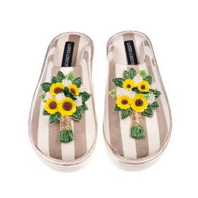 Laines London Women's Brown / Neutrals / White Flatform Stripe Closed Toe Slippers With Yellow Bouquet Brooches - 