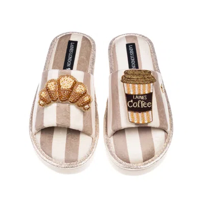 Laines London Women's Brown / Neutrals / White Flatform Stripe Open Toe Slippers With Coffee & Croissant Brooches  In Multi