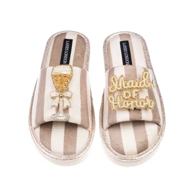 Laines London Women's Brown / Neutrals / White Flatform Stripe Open Toe Slippers With Maid Of Honor Brooches - Bei In Multi