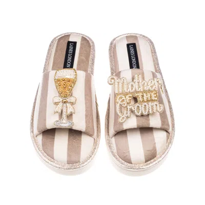 Laines London Women's Brown / Neutrals / White Flatform Stripe Open Toe Slippers With Mother Of The Groom Brooches In Multi