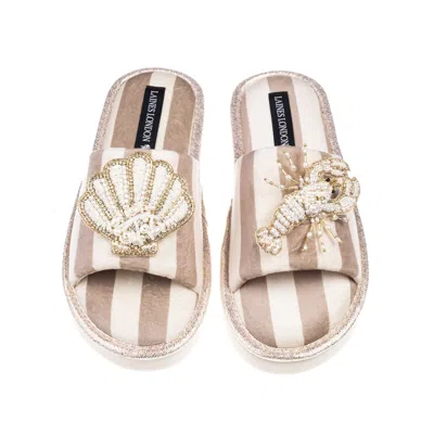 Laines London Women's Brown / Neutrals / White Flatform Stripe Open Toe Slippers With Pearl Shell & Lobster Brooch In Multi