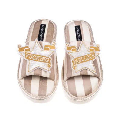 Laines London Women's Brown / Neutrals / White Flatform Stripe Open Toe Slippers With White & Gold Fucking Fabulou In Multi