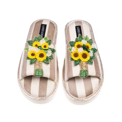 Laines London Women's Brown / Neutrals / White Flatform Stripe Open Toe Slippers With Yellow Bouquet Brooches - Be In Multi