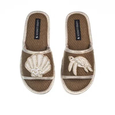 Laines London Women's Brown Straw Braided Sandals With Beaded Shell & Turtle Brooches - Caramel