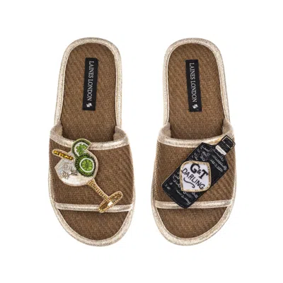 Laines London Women's Brown Straw Braided Sandals With Botanical Gin & Glass Brooches - Caramel