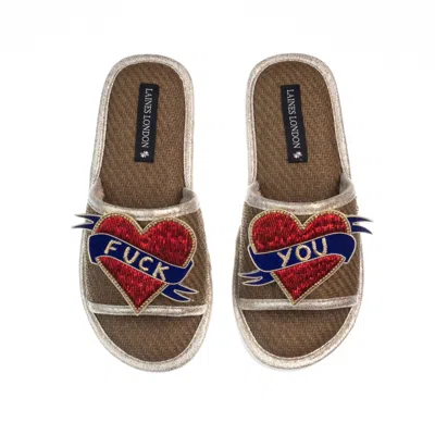 Laines London Women's Brown Straw Braided Sandals With Fuck You Brooches - Caramel