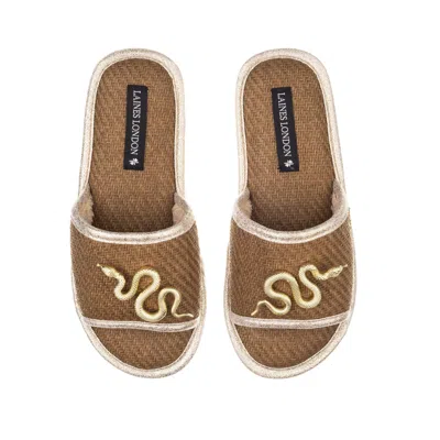 Laines London Women's Brown Straw Braided Sandals With Gold Metal Snake Brooches - Caramel