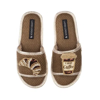Laines London Women's Brown Straw Braided Sandals With Handmade Coffee & Croissant Brooches - Caramel In Multi
