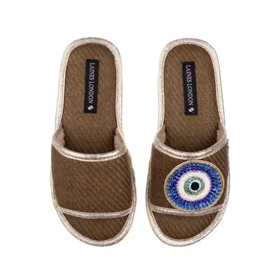 Laines London Women's Brown Straw Braided Sandals With Handmade Couture Evil Eye Brooch - Caramel