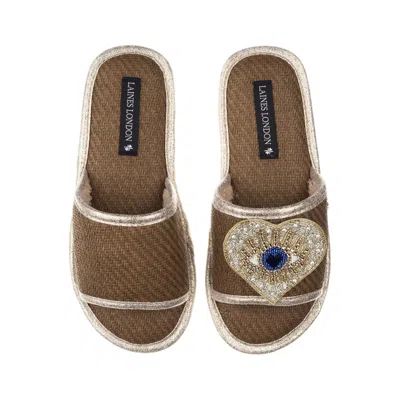 Laines London Women's Brown Straw Braided Sandals With Handmade Couture Golden Blue Heart Eye Brooch - Caramel