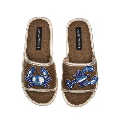 Laines London Women's Brown Straw Braided Sandals With Mediterranean Blue Crab & Lobster Brooches - Caramel