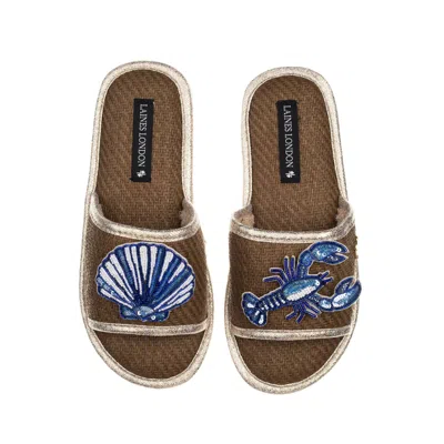 Laines London Women's Brown Straw Braided Sandals With Mediterranean Blue Shell & Lobster Brooches - Caramel