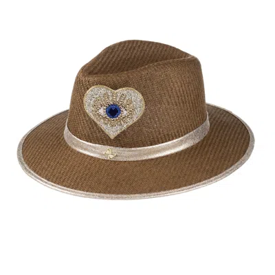 Laines London Women's Brown Straw Woven Hat With Embellished Couture Gold & Blue Heart Eye Brooch - Caramel