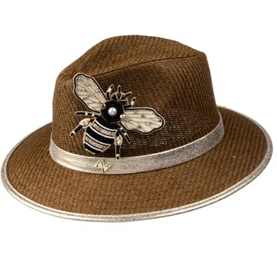 Laines London Women's Brown Straw Woven Hat With Embellished Cream & Gold Bee Brooch - Caramel
