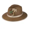 Laines London Women's Brown Straw Woven Hat With Embellished Golden Palm Tree Brooch - Caramel In Brown