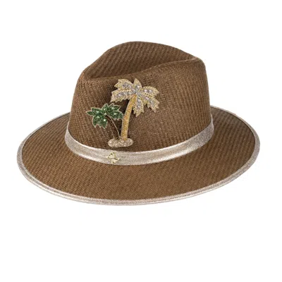Laines London Women's Brown Straw Woven Hat With Embellished Golden Palm Tree Brooch - Caramel