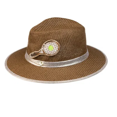 Laines London Women's Brown Straw Woven Hat With Embellished Tennis Racket Brooch - Caramel