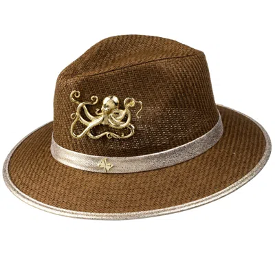 Laines London Women's Brown Straw Woven Hat With Gold Metal Octopus Brooch - Caramel