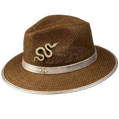 Laines London Women's Brown Straw Woven Hat With Gold Metal Snake Brooch - Caramel